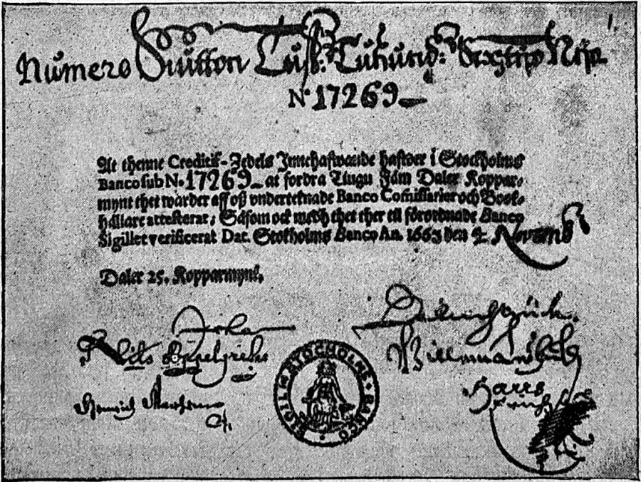 1661 fu l'anno in cui le banconote di carta furono introdotte per la prima volta in Europa dal banchiere Palmistruch fondatore del Banco di Stoccolma che diventerà la Banca di Svezia
