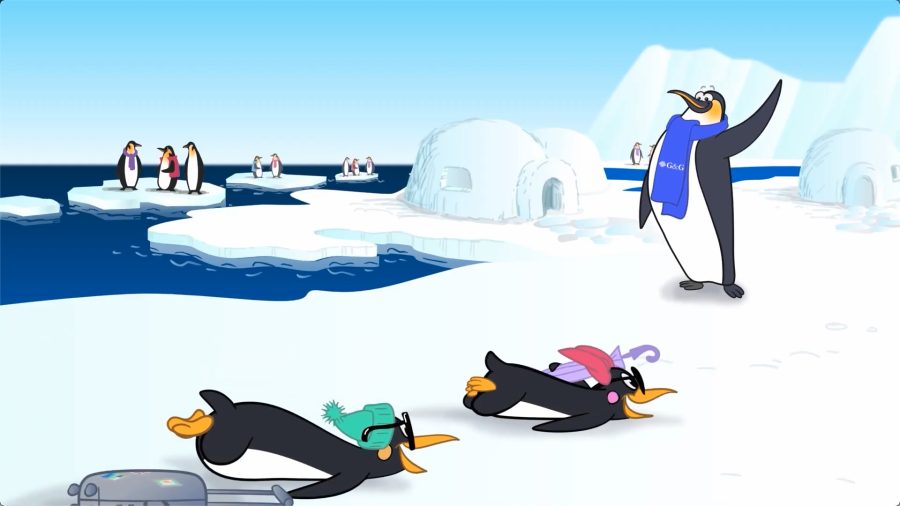 Un frame di G&G Penguin il corto di animazione con i 2 pinguini Greg & Grace e il pinguino imperatore