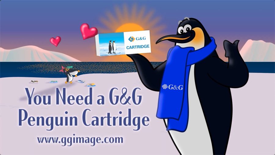 Il frame finale di G&G Penguin il corto di animazione con i 2 pinguini Greg & Grace e il pinguino imperatore