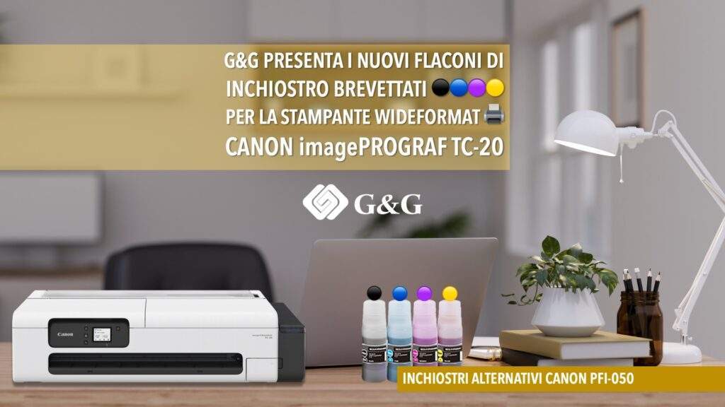 G&G presenta i nuovi flaconi di inchiostro brevettati ⚫🔵🟣🟡 per la stampante 🖨️ di grande formato CANON imagePROGRAF TC-20.