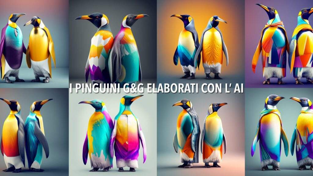I PINGUINI 🐧🐧 G&G ELABORATI CON L'AI I 2 pinguini 🐧🐧 G&G elaborati con l'AI generativa di Midjourney basato sui prompt ideati da Sergio Curadi Naumann ispirati a moda e colori.