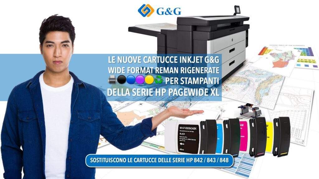 Cartucce a getto d'inchiostro wide format rigenerate 🖨️⚫🔵🟣🟡♻️ G&G per stampanti della serie HP PageWide XL